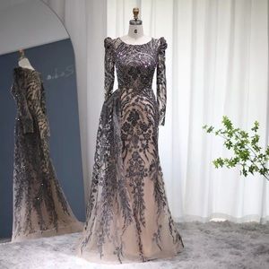 Custom couture evening gown size 12 gunmetal and beige